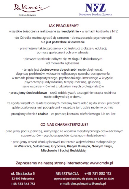 Oferta Ośrodka środowiskowej opieki psychologicznej i psychoterapeutycznej dla dzieci i młodzieży w  Pałecznicy - Obrazek 2